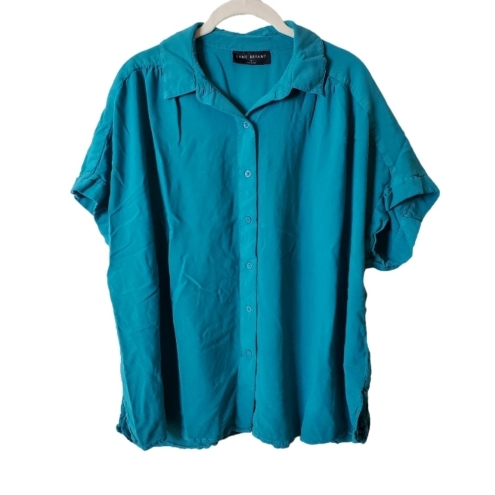 Lane Bryant Teal Loose Fit Button Front Short Sleeve Blouse Top